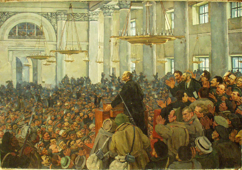 Картина К. Юона «Первое появление В.И.Ленина на заседании Петросовета в Смольном 25 октября 1917 г.»